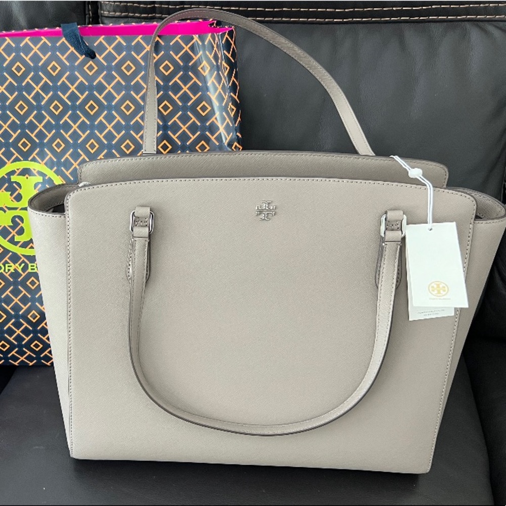 Excellent used condition Tory Burch Gray Heron Emerson Top Zip Laptop Bag.